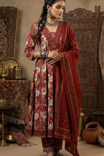 Floral Block Printed suit with crochet kantha hand work comes with Pure Cotton Dupatta and Cotton Palazzo Set of 3