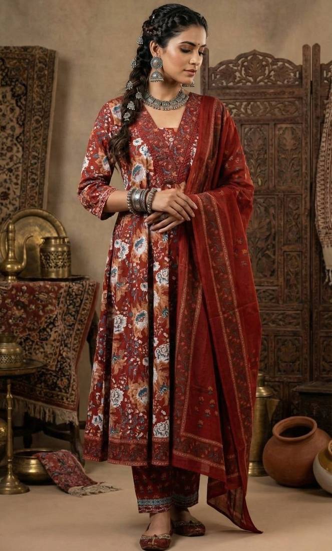 Floral Block Printed suit with crochet kantha hand work comes with Pure Cotton Dupatta and Cotton Palazzo Set of 3