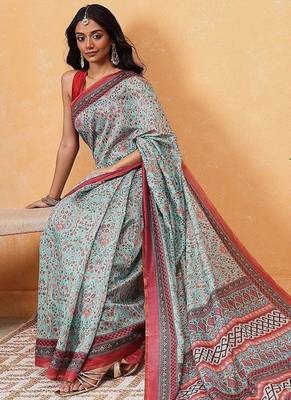 Teal printed cotton blend ethnic saree with blouse piece 4