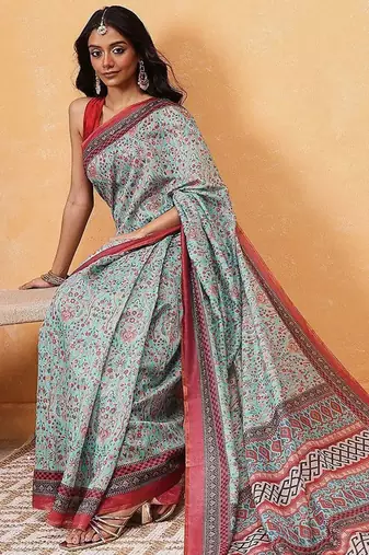 Teal printed cotton blend ethnic saree with blouse piece