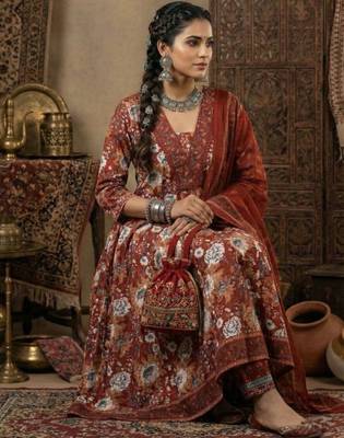 Floral Block Printed suit with crochet kantha hand work comes with Pure Cotton Dupatta and Cotton Palazzo Set of 3 2