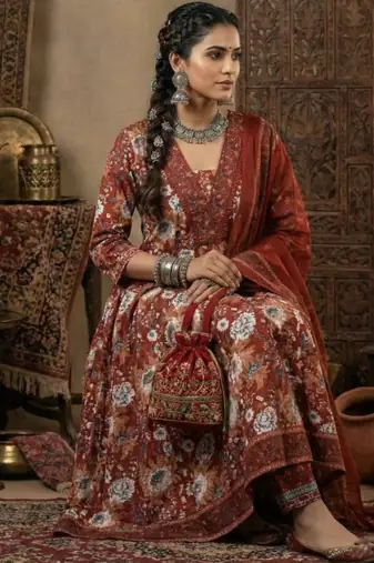 Floral Block Printed suit with crochet kantha hand work comes with Pure Cotton Dupatta and Cotton Palazzo Set of 3