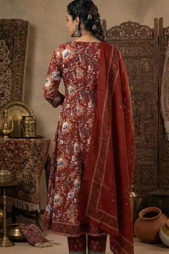 Floral Block Printed suit with crochet kantha hand work comes with Pure Cotton Dupatta and Cotton Palazzo Set of 3