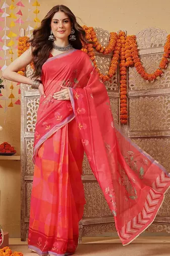 Pink printed cotton blend ethnic saree with blouse piece