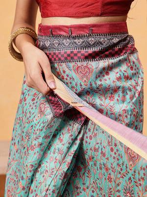 Teal printed cotton blend ethnic saree with blouse piece 5