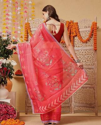 Pink printed cotton blend ethnic saree with blouse piece 3
