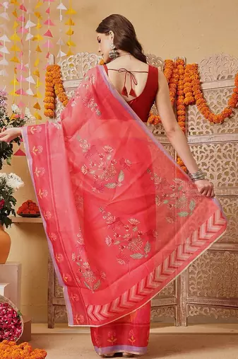Pink printed cotton blend ethnic saree with blouse piece