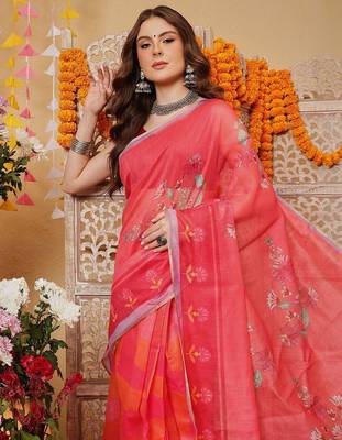 Pink printed cotton blend ethnic saree with blouse piece 4