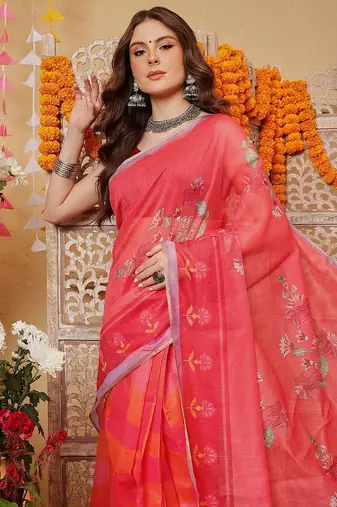 Pink printed cotton blend ethnic saree with blouse piece
