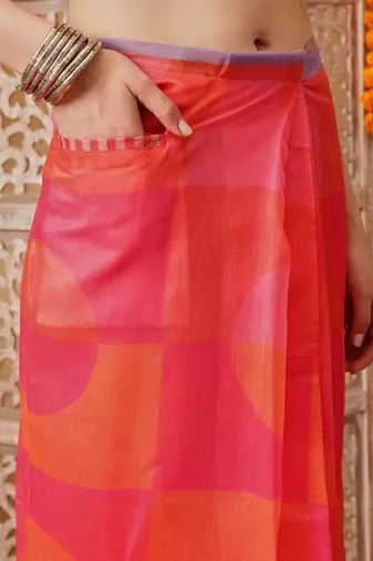 Pink printed cotton blend ethnic saree with blouse piece
