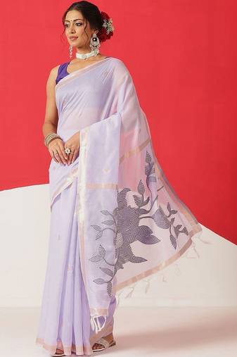 Lavender embroidered cotton blend traditional saree with blouse piece