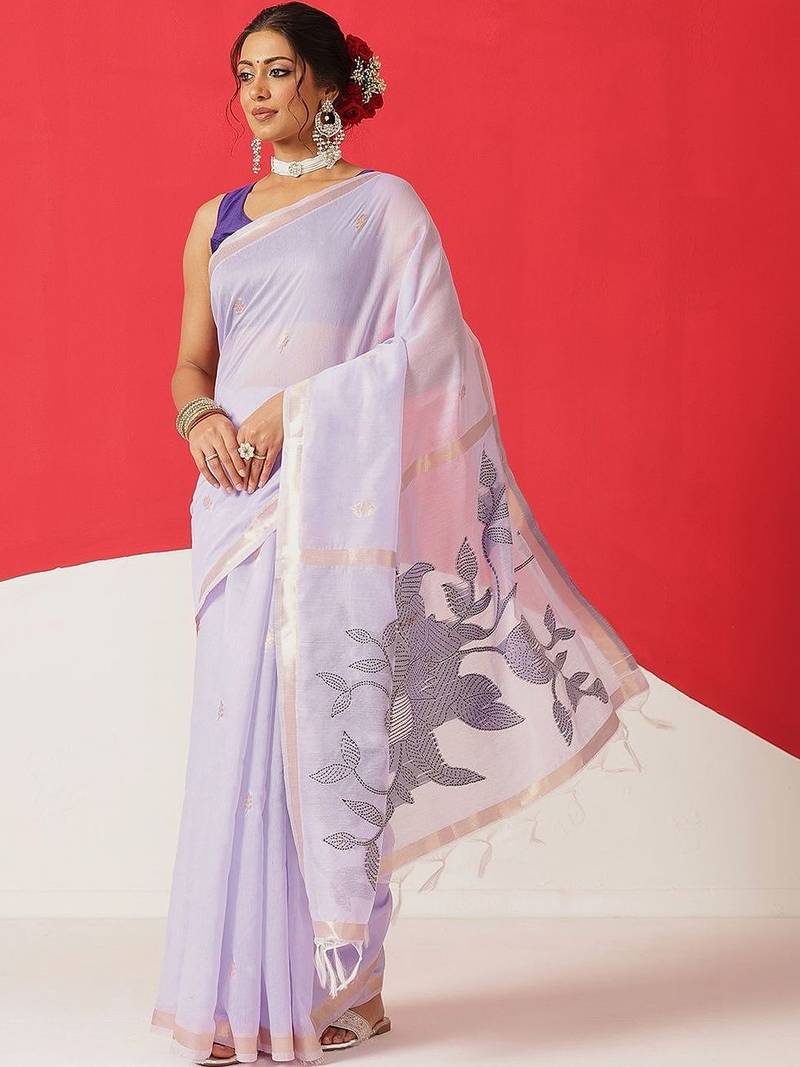 Lavender embroidered cotton blend traditional saree with blouse piece