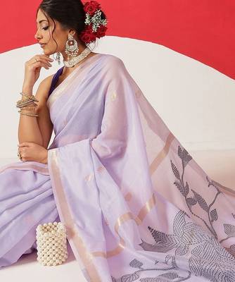 Lavender embroidered cotton blend traditional saree with blouse piece 2
