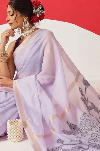 Lavender embroidered cotton blend traditional saree with blouse piece