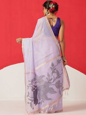 Lavender embroidered cotton blend traditional saree with blouse piece 3