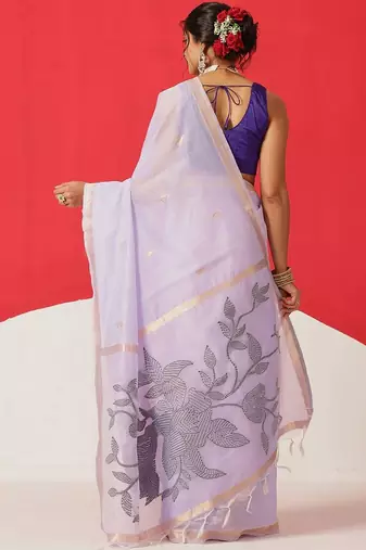 Lavender embroidered cotton blend traditional saree with blouse piece
