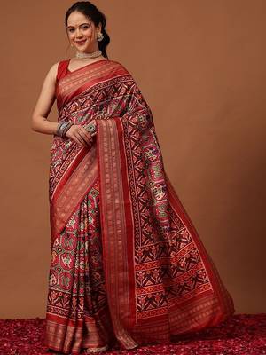 Red woven art silk traditional saree with blouse piece 1