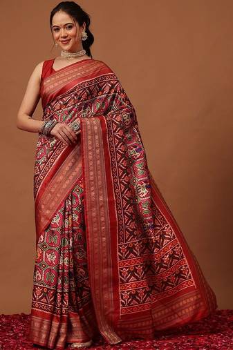 Red woven art silk traditional saree with blouse piece