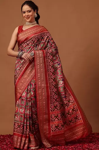 Red woven art silk traditional saree with blouse piece