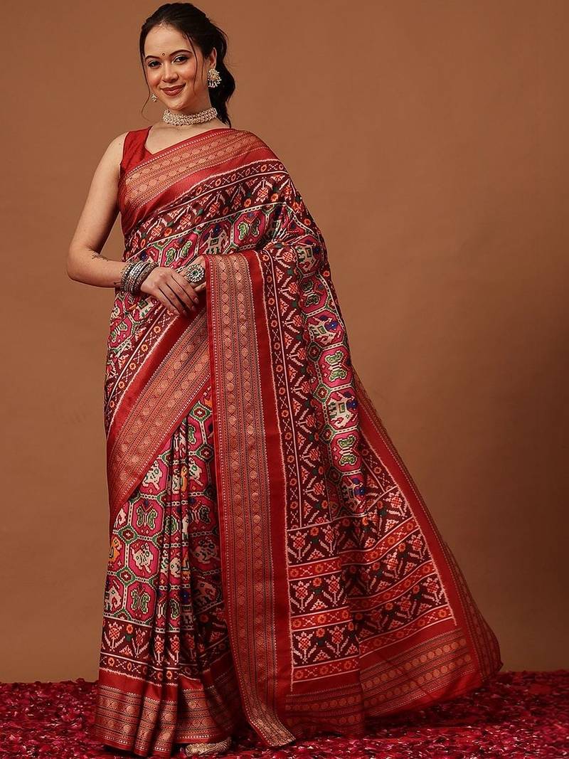 Red woven art silk traditional saree with blouse piece