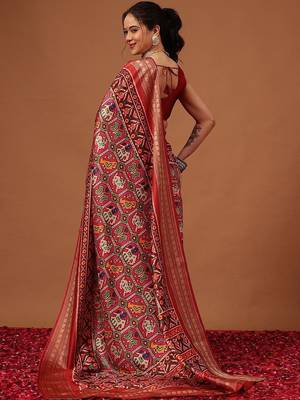 Red woven art silk traditional saree with blouse piece 2
