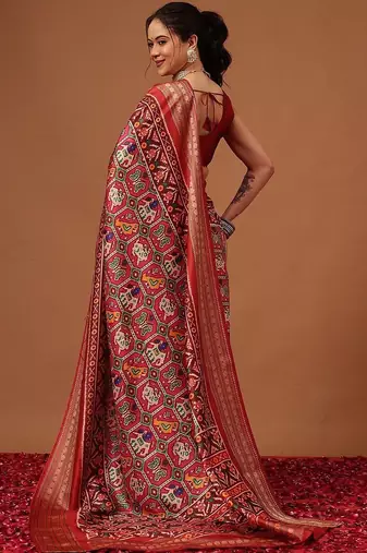 Red woven art silk traditional saree with blouse piece