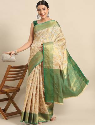 Green woven tissue party wear saree with blouse piece 2