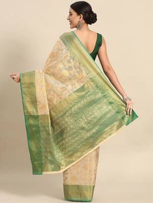 Green woven tissue party wear saree with blouse piece 3