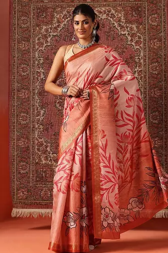 Peach printed art silk ethnic saree with blouse piece
