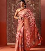 Peach printed art silk ethnic saree with blouse piece