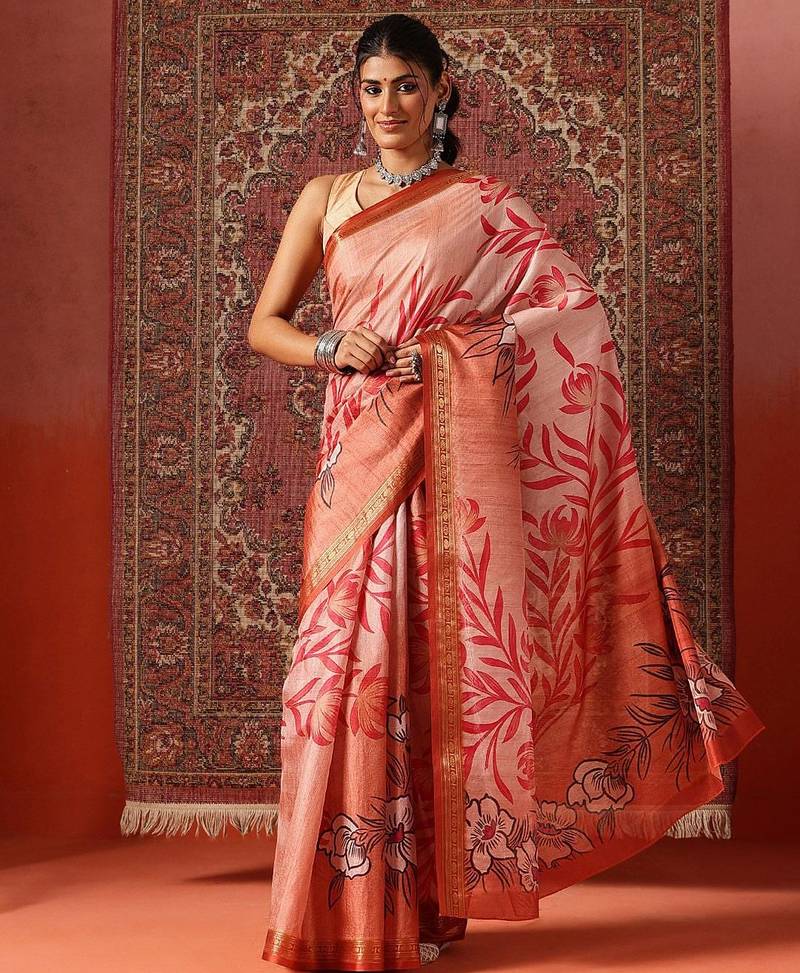 Peach printed art silk ethnic saree with blouse piece