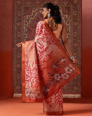 Peach printed art silk ethnic saree with blouse piece 2