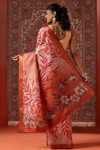 Peach printed art silk ethnic saree with blouse piece