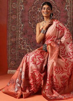 Peach printed art silk ethnic saree with blouse piece 3