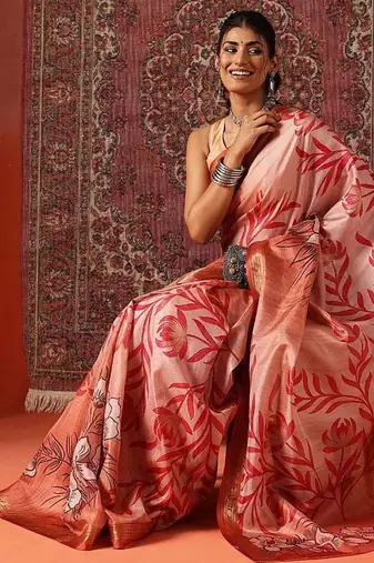 Peach printed art silk ethnic saree with blouse piece