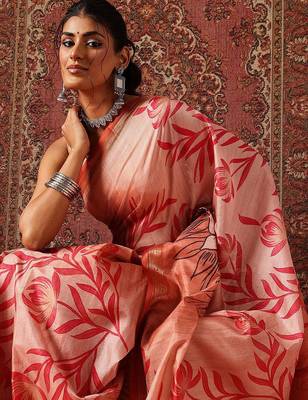 Peach printed art silk ethnic saree with blouse piece 4