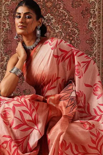 Peach printed art silk ethnic saree with blouse piece