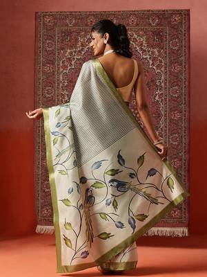 Off white printed art silk ethnic saree with blouse piece 2