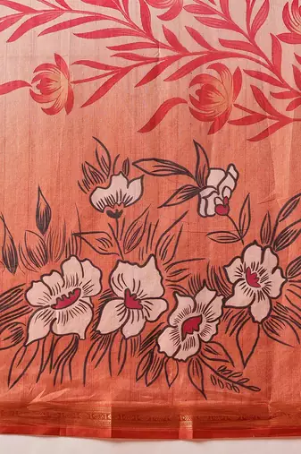 Peach printed art silk ethnic saree with blouse piece