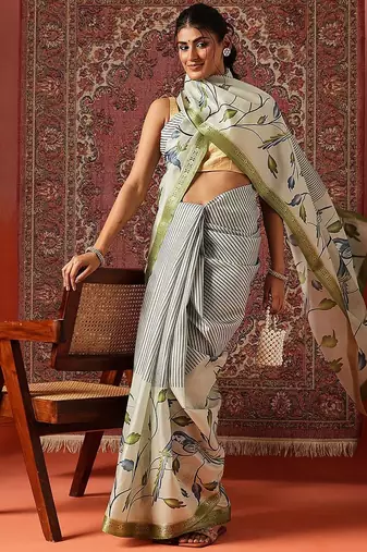 Off white printed art silk ethnic saree with blouse piece