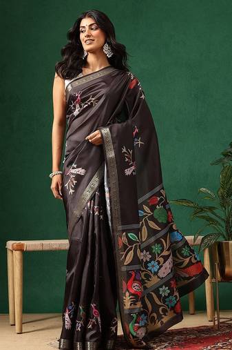 Black woven art silk traditional saree with blouse piece