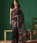 Black woven art silk traditional saree with blouse piece