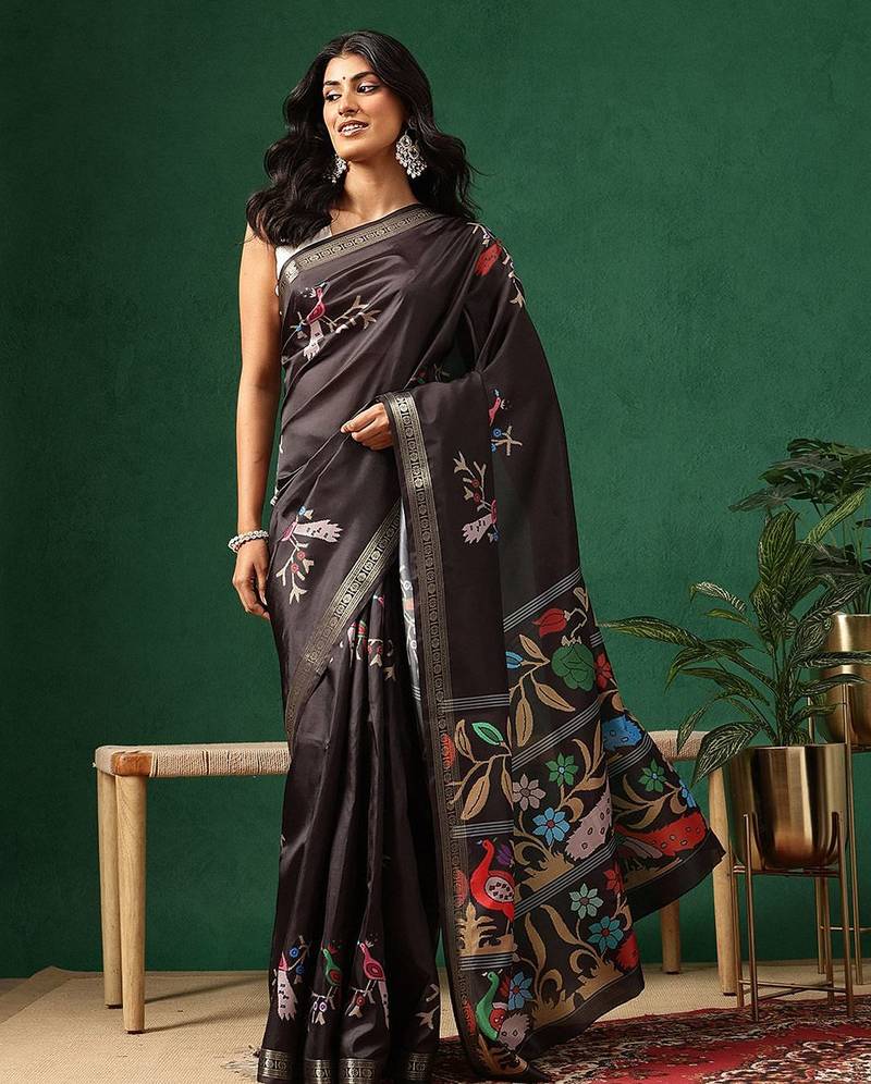 Black woven art silk traditional saree with blouse piece