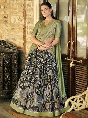 Black Kalamkari Print Silk Festive Wear Half Saree Lehenga 1