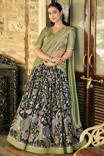 Glamorous Black Kalamkari Print Silk Festive Wear Half Saree Lehenga