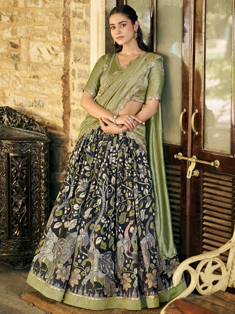 Glamorous Black Kalamkari Print Silk Festive Wear Half Saree Lehenga