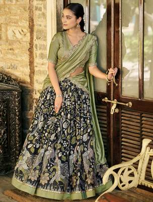 Black Kalamkari Print Silk Festive Wear Half Saree Lehenga 2