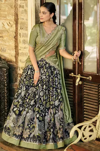 Glamorous Black Kalamkari Print Silk Festive Wear Half Saree Lehenga