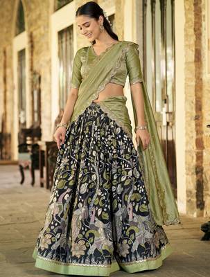 Black Kalamkari Print Silk Festive Wear Half Saree Lehenga 3