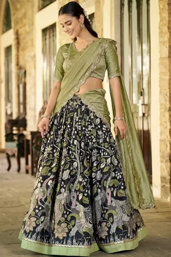 Glamorous Black Kalamkari Print Silk Festive Wear Half Saree Lehenga